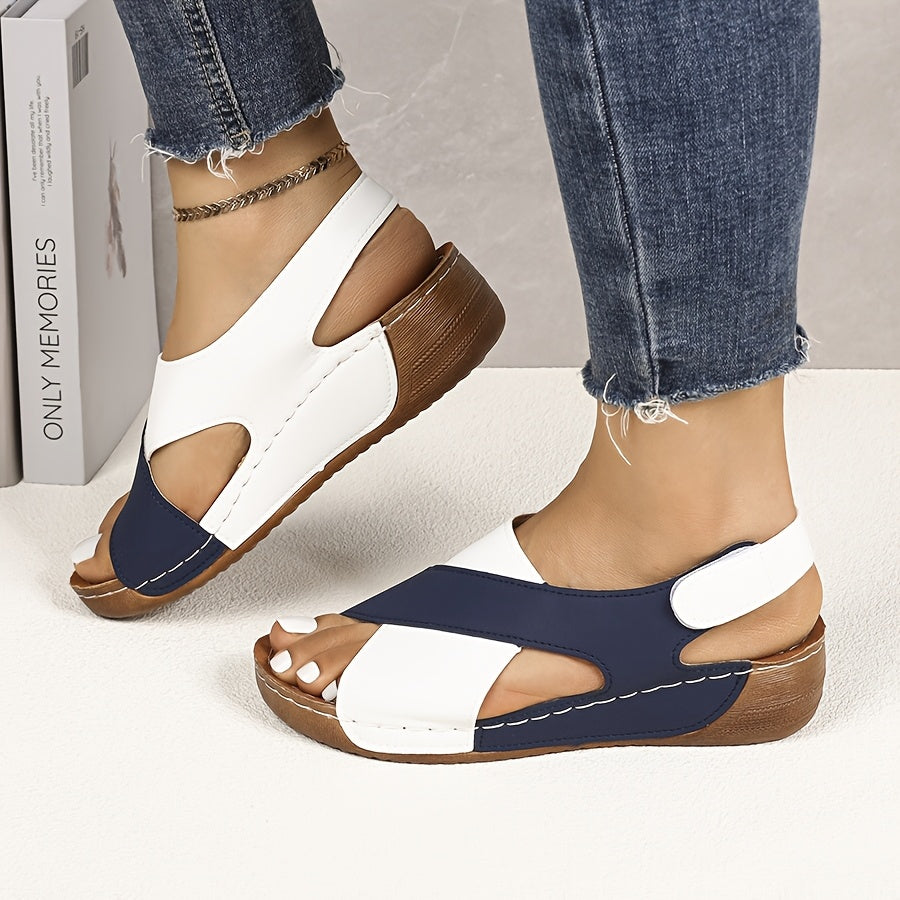 Women'S Color-Block Wedge Sandals - Open-Toe Summer Beach Shoes with Adjustable Hook-and-Loop Straps, Comfortable PU Upper & Cushioned Insole for Outdoor Wear, Strappy Sandals, Beach Footwear, Stylish Wedge Design, Durable Tr