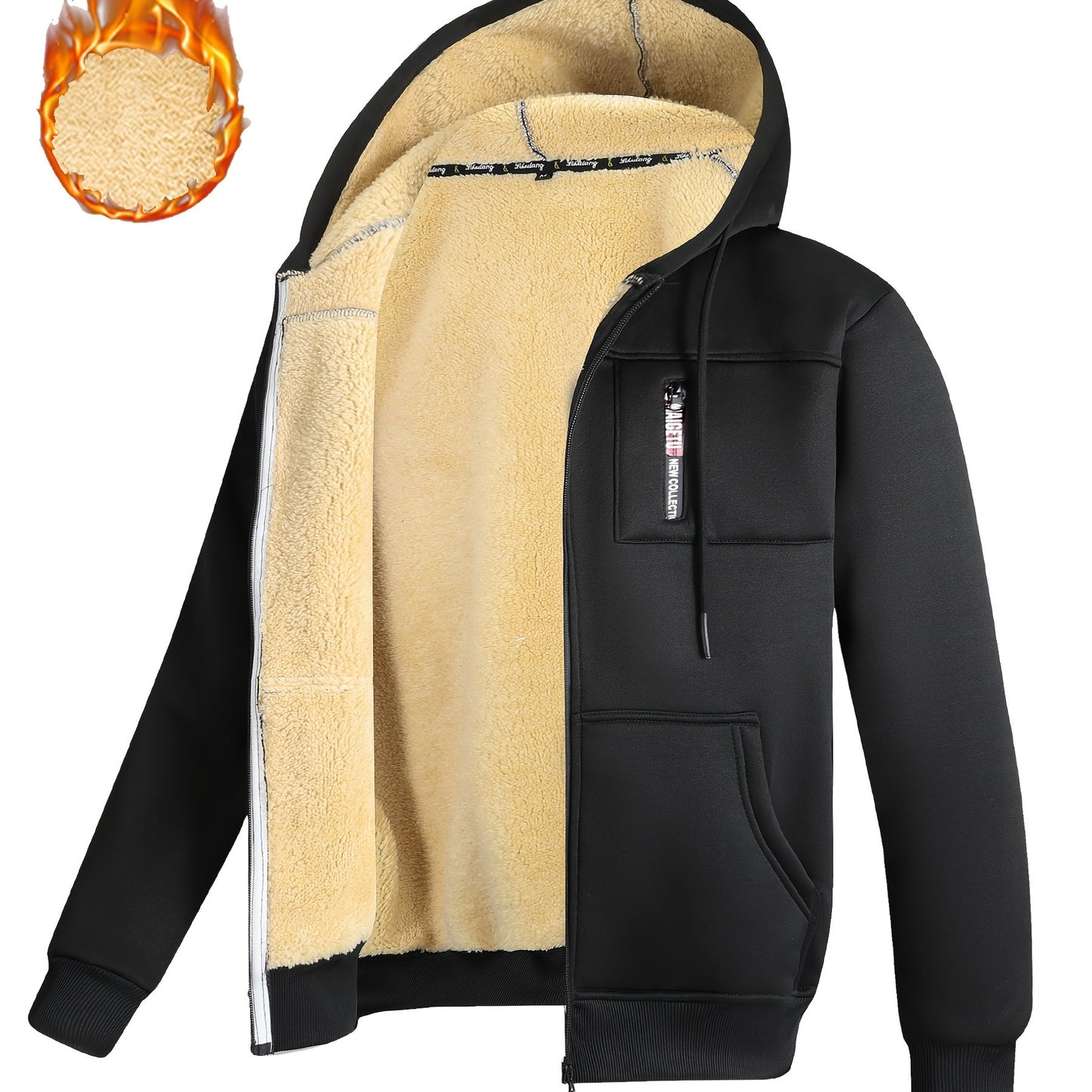 A Men's casual sports warm fleece hooded jacket with zipper opening and pocket, suitable for outdoor and training activities, autumn and winter clothing | casual style hooded sweatshirt | zipper hooded sweatshirt, Fleece Jack