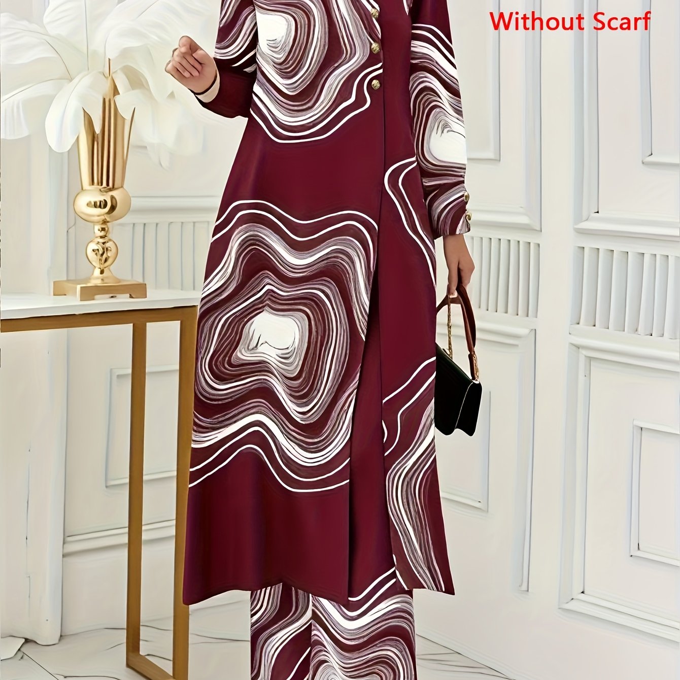 Ramadan, Women Button-Decorated Solid Color Long Sleeve Top & Pants Set, Arabic Style Clothing, Only Clothes, Without Headscarf
