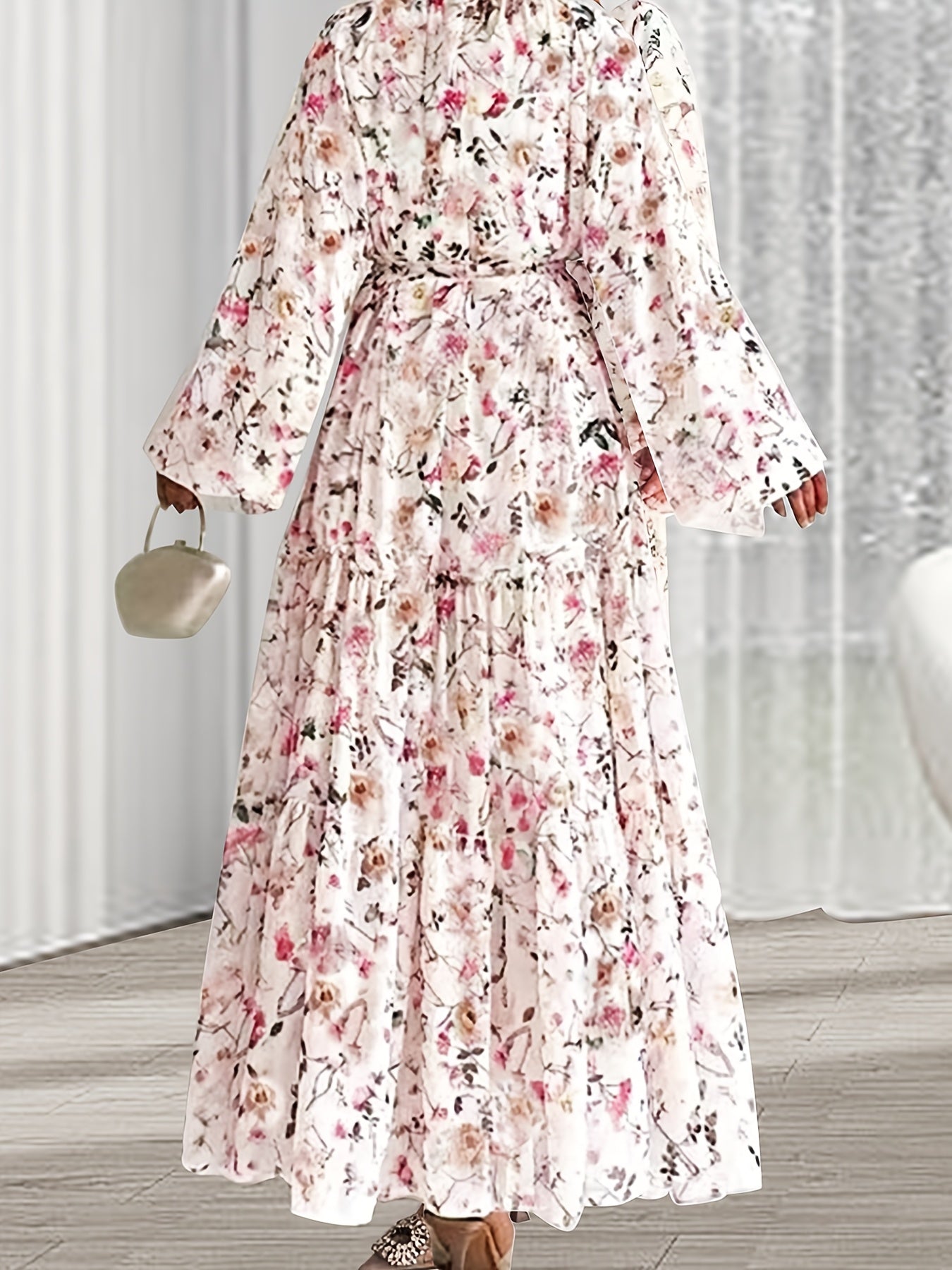 1pc Elegant Floral Print Long Dress for Women, Polyester Peplum with Belt Detail, Crew Neck, Spring/Summer Collection, Woven Fabric