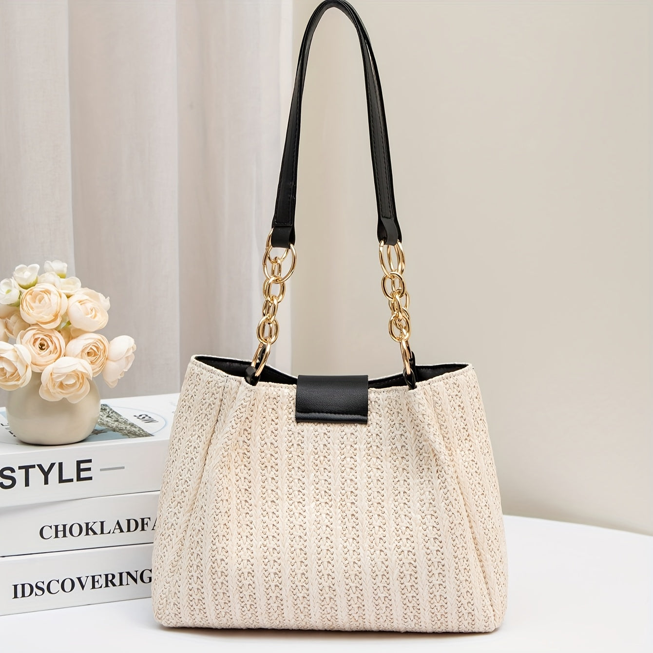 Women'S 2025 New Year Handwoven Straw Tote Bag - Black Accents, Honeycomb Pattern, Adjustable Shoulder Strap, Kiss Lock Closure, Machine Washable, Beach & Casual Style, Casual Tote Bag|Honeycomb Pattern Bag|Durable Handle Bag