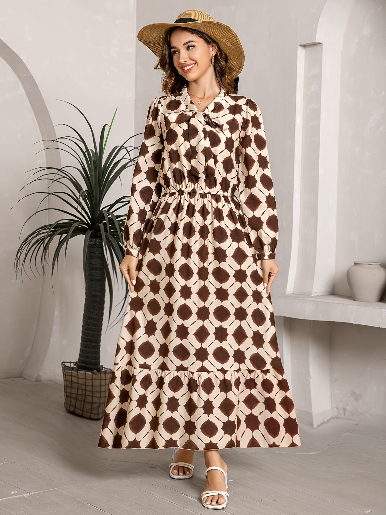 2025 Autumn New Women'S Elegant Geometric Print Maxi Dress - Long Sleeve, Bow Tie Neckline, Adjustable Cuffs, Waist Cincher, Flowy A-Line Skirt for Casual Outings, Dates & Holidays, Casual Outing Attire | Geometric Pattern Dr