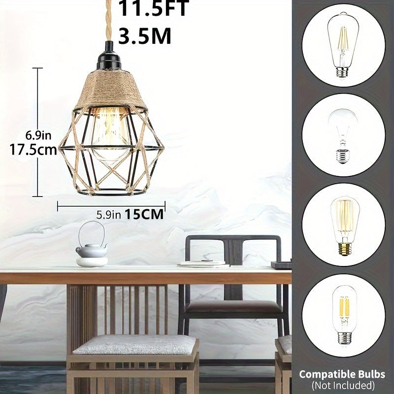 11.5ft Industrial Plug-In Pendant Light with On/Off Switch, Hemp Rope Hanging Lamp for Kitchen Island, Bedroom & Living Room, Metal Shade, Semi-Flush Mount, US Plug, Detachable Chandelier, Living Room Lighting | Natural Hemp