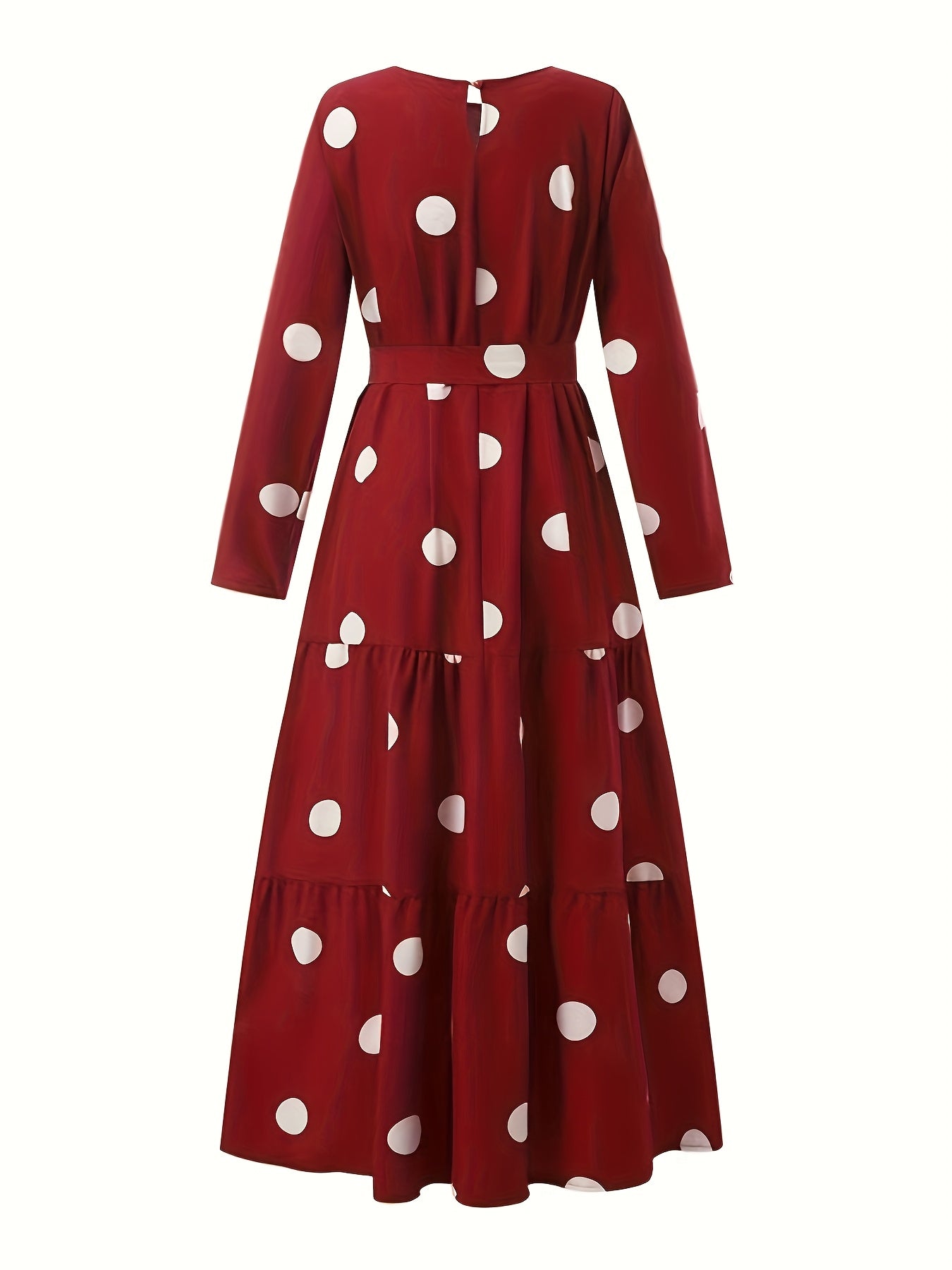 Vintage Red & White Polka Dot Middle Eastern Sun Dress - Long Sleeve Belted Loose Fit Maxi Dress with Round Neck, Machine Washable All-Season Traditional Attire, Retro Dresses, Cultural Fashion Wear, Flowy Fabric Gown