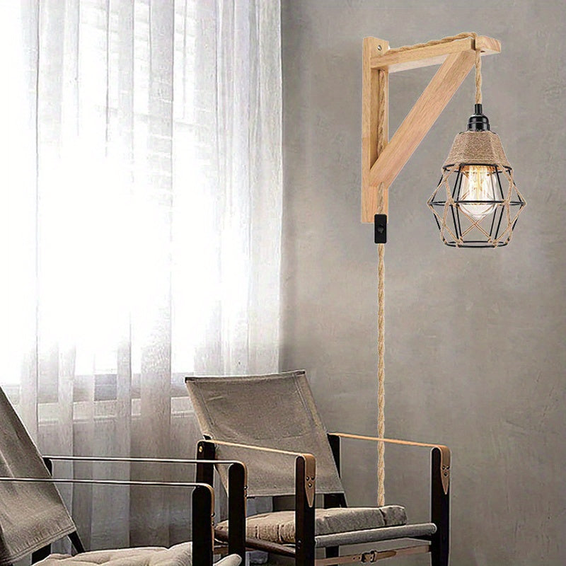 1PC Rustic Farmhouse Wall Lamp with Wood Shelf Bracket - Plug In Wall Sconces with Switch Cord for Living Room, Bedroom - Easy Installation, Space-Saving Design, and Versatile Lighting Solution (Not Include Bulb)