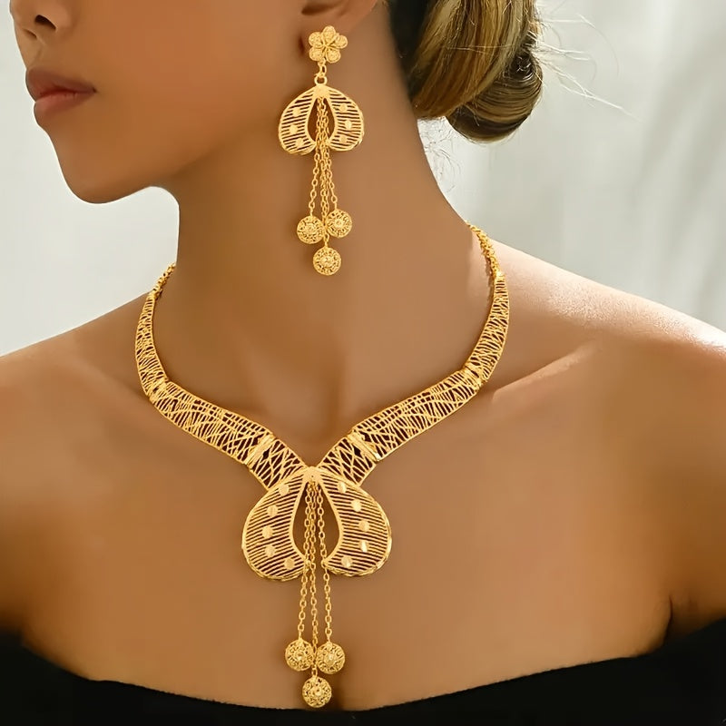 2025 New Bohemian 2pcs Hollow Flower Tassel Earrings and Necklace Elegant Ladies Jewelry Set, Perfect for Dubai Bridal Wedding Anniversary Gift, Valentine's Day, Christmas Eid, Daily Present for Wife, Family, Girlfriend