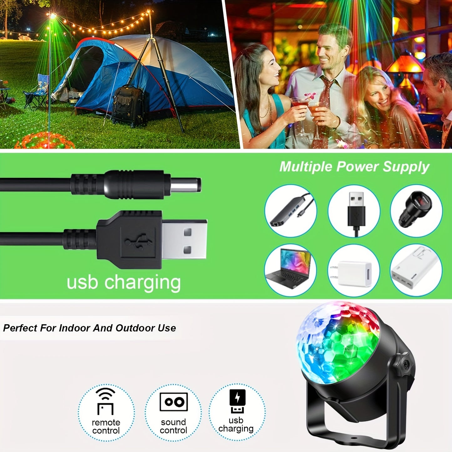 Disco Ball Party Lights Sound Activated Strobe Light With 5 Ft USB Cable, LED Dj Stage Lighting That Sync With Music, Indoor Room Birthday Rave Outdoor Dance Show Bar Karaoke Christmas Gift Eid Al-Adha Mubarak