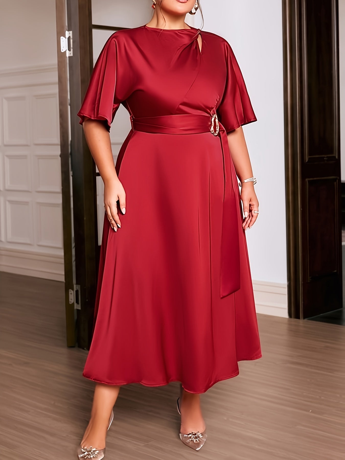 Plus Size Elegant Long Dress, Solid Color Polyester Spandex Blend Crew Neck Short Sleeve Fitted with Belt Detail