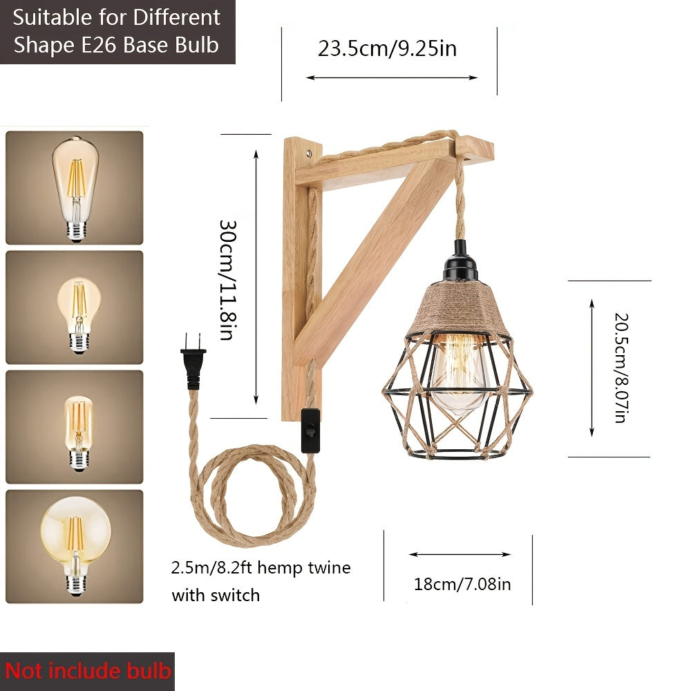 1PC Rustic Farmhouse Wall Lamp with Wood Shelf Bracket - Plug In Wall Sconces with Switch Cord for Living Room, Bedroom - Easy Installation, Space-Saving Design, and Versatile Lighting Solution (Not Include Bulb)