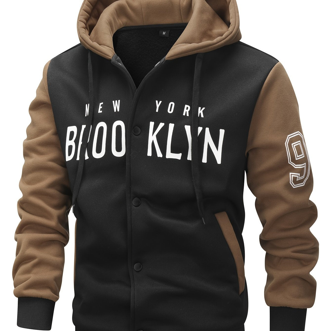 Men'S New Fall/Winter Casual Printed Hooded Baseball Jacket, Knitted Fabric, Regular Fit, Long Sleeve, Letter Pattern, Pocket, Single Button Closure, Daily & Leisure Wear