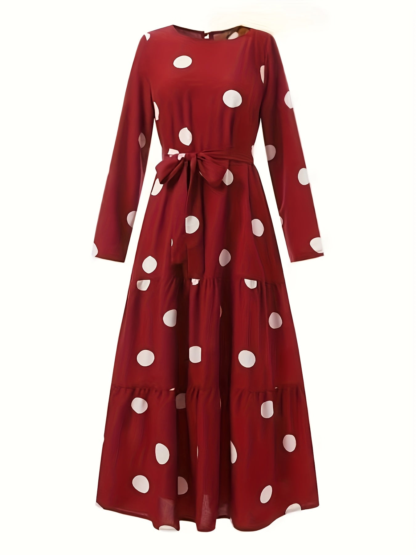 Vintage Red & White Polka Dot Middle Eastern Sun Dress - Long Sleeve Belted Loose Fit Maxi Dress with Round Neck, Machine Washable All-Season Traditional Attire, Retro Dresses, Cultural Fashion Wear, Flowy Fabric Gown