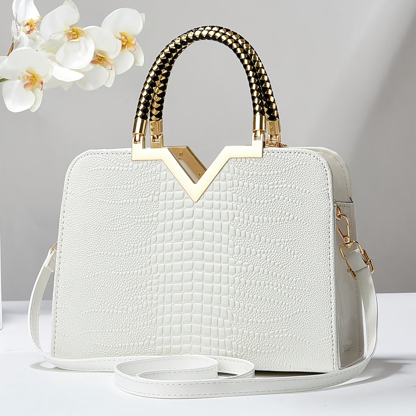 Elegant Crocodile Pattern Handbag for Women - Versatile Large Capacity Shoulder & Handbag, Glossy White Finish with Golden Accents, Perfect for Work, Date Night, Or Casual Outings, Commuter Handbag | Vneck Tote | Zipper Closu