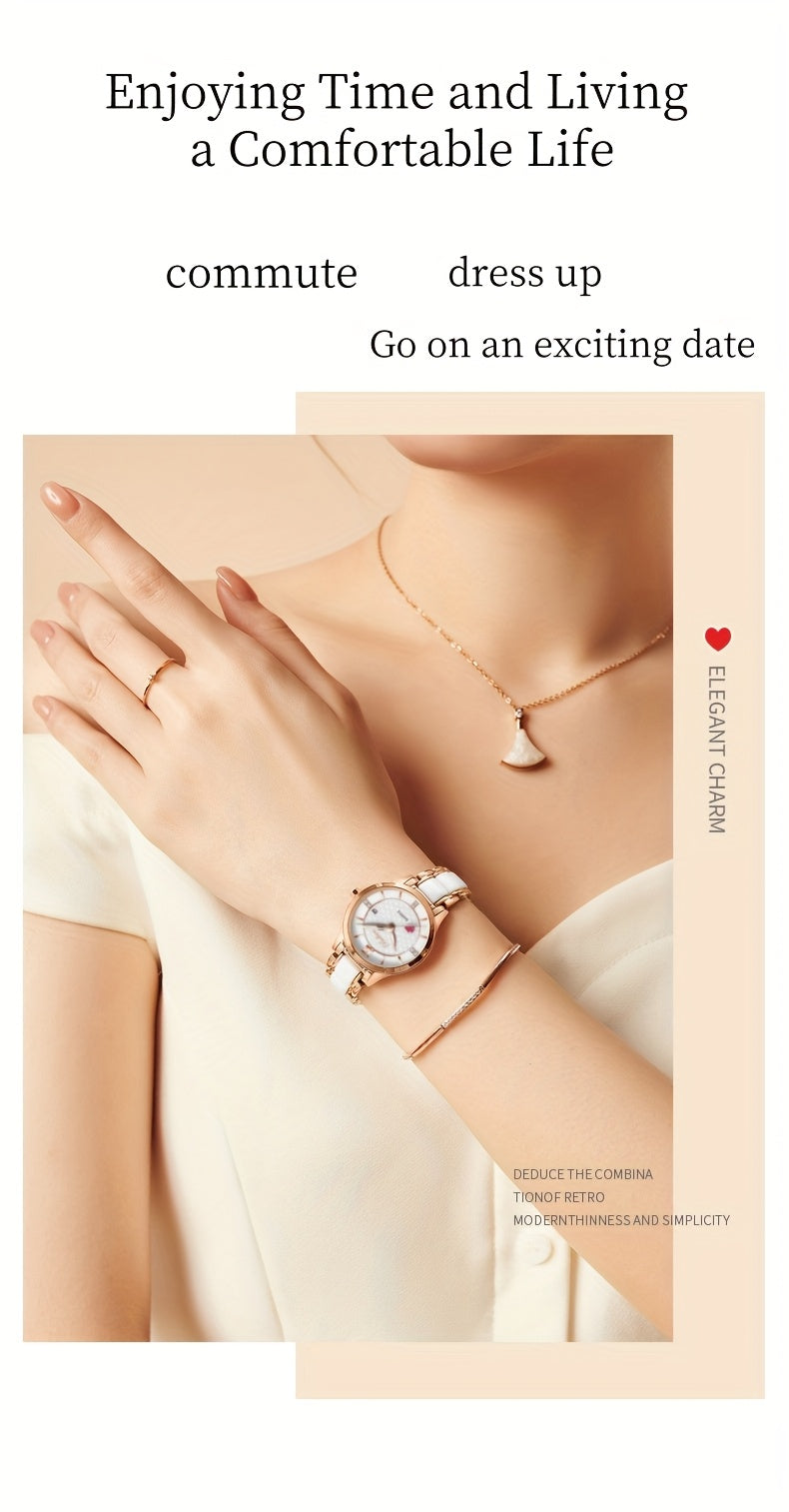 Luxury Ceramic Women's Watch with Rose Golden Case & White Dial - Quartz Movement, Date Display, Heart Accents - Elegant Valentine's Day Gift for Her, Date Feature Watch | Heart Motif Watch | Ceramic Strap Watch