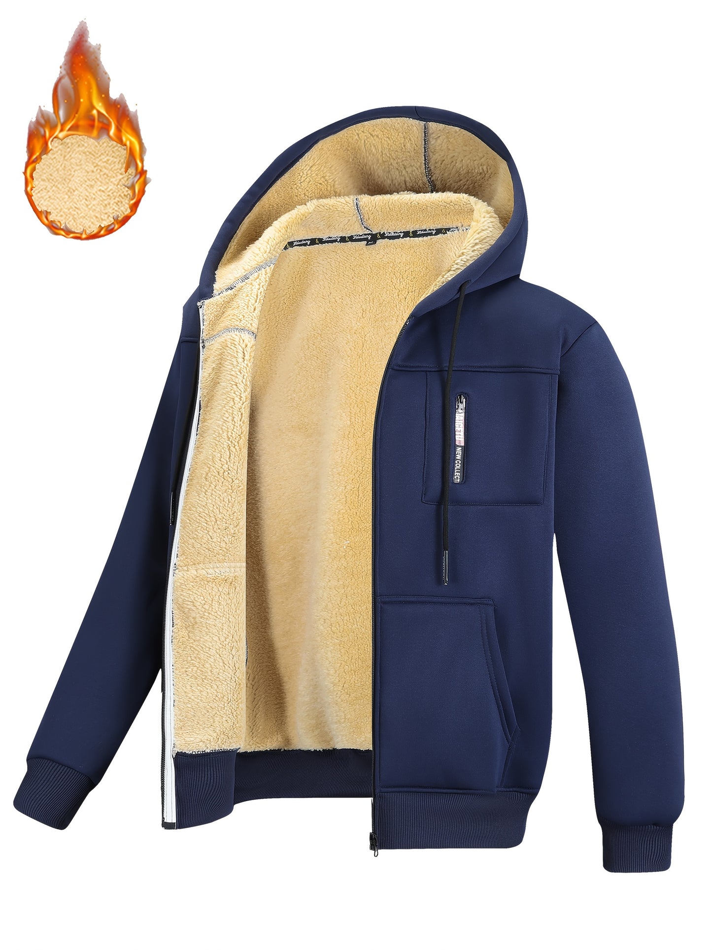 A Men's casual sports warm fleece hooded jacket with zipper opening and pocket, suitable for outdoor and training activities, autumn and winter clothing | casual style hooded sweatshirt | zipper hooded sweatshirt, Fleece Jack