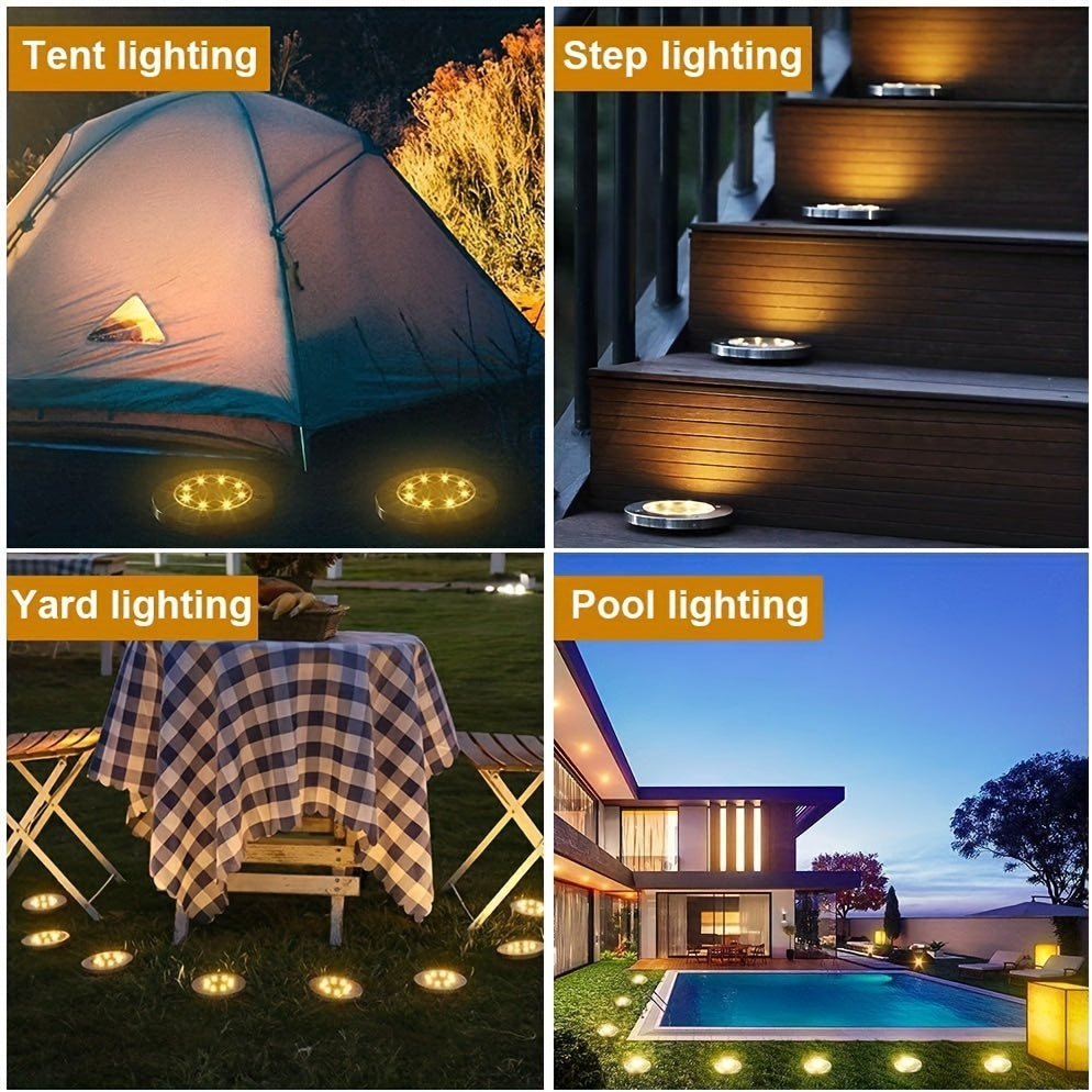 8 Pack LED Ground Spot Solar Lights, Outdoor Waterproof Landscape Lights, Solar Disk Lights, Waterproof Garden In-Ground Pathway Lights Landscape Lawn Lighting, Solar Energy Floor Lamp, 8 LED Solar Ground Lights, For Pathway