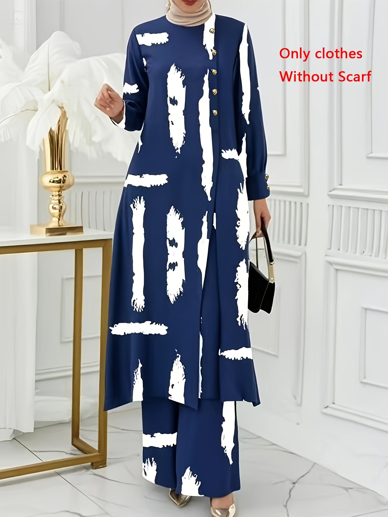 Ramadan, Women Button-Decorated Solid Color Long Sleeve Top & Pants Set, Arabic Style Clothing, Only Clothes, Without Headscarf
