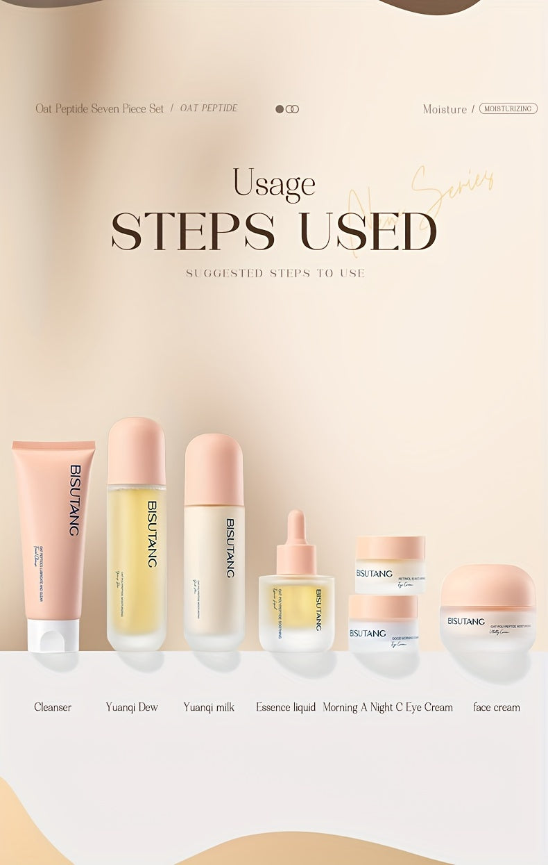 Bisutang Oat Peptide Vitality 7-Piece Skincare Set - Hypoallergenic Face Care Kit with Cleanser, Toner, Serum, Cream, Eye Cream: Nourishing Plant Squalane, Ideal Gift for Women for Mother's Day, Valentine's Day