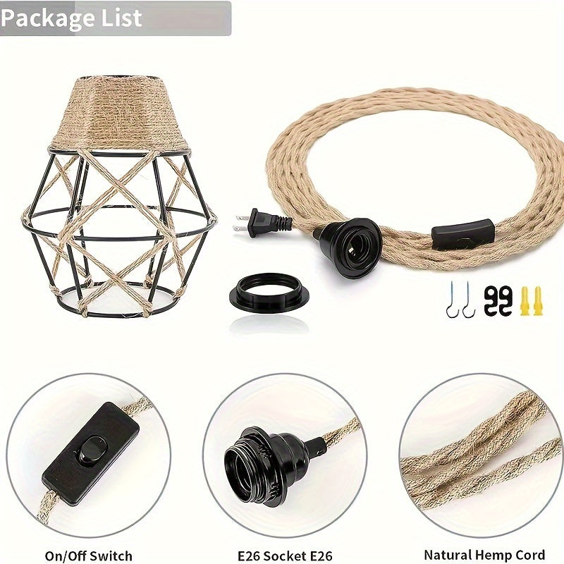 11.5ft Industrial Plug-In Pendant Light with On/Off Switch, Hemp Rope Hanging Lamp for Kitchen Island, Bedroom & Living Room, Metal Shade, Semi-Flush Mount, US Plug, Detachable Chandelier, Living Room Lighting | Natural Hemp