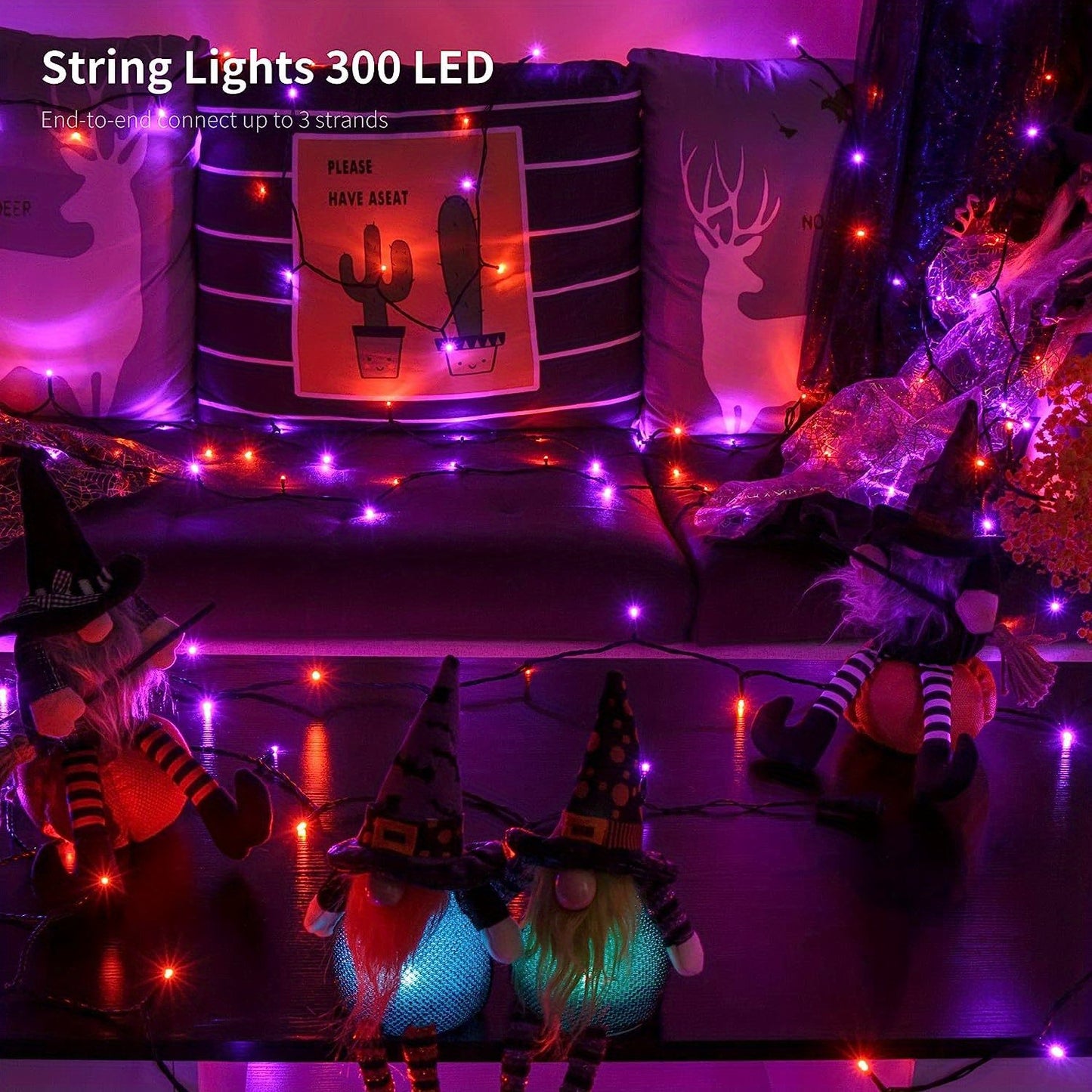 1pc Vibrant Halloween LED String Lights - 300/200/100 LED, 8 Lighting Modes, Waterproof, Connectable, Plug-in, Indoor/Outdoor Mini Lights for Holiday Party Bedroom Decorations (Purple & Orange)
