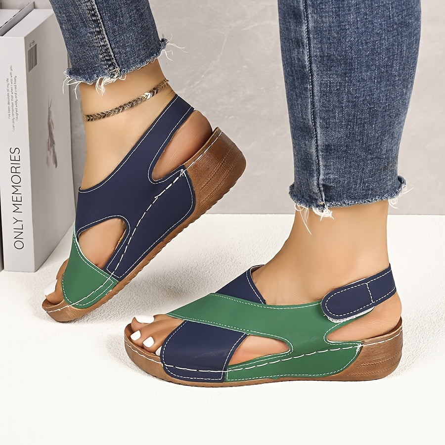 Women'S Color-Block Wedge Sandals - Open-Toe Summer Beach Shoes with Adjustable Hook-and-Loop Straps, Comfortable PU Upper & Cushioned Insole for Outdoor Wear, Strappy Sandals, Beach Footwear, Stylish Wedge Design, Durable Tr