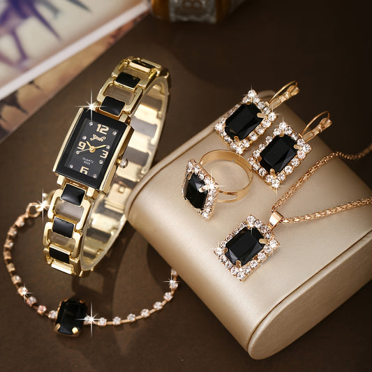 Stylish and Versatile Vintage Minimalist Quartz Watch Set of 5 Black Square Rhinestones Jewelry, Elegant Overall Look | Vintage Minimalist Watch