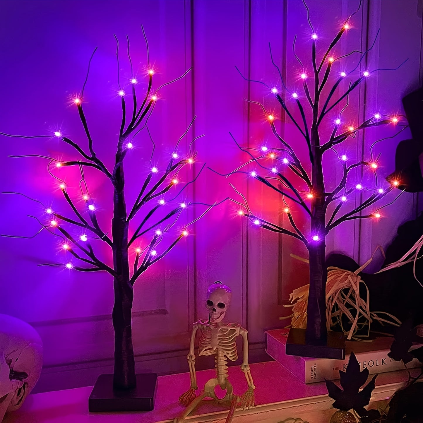 1pc 2FT Orange And Purple Lighting Halloween Decorative Tree Lights With Timer 24 LED Branch Tree Lights In Total, USB And Battery Powered, Artificial Black Desktop Ghost Tree Lights, Indoor Home Party Decoration