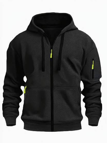 Men's Sporty Zip-Up Hoodie Jacket - Vibrant Orange with Black Zipper Accents, Polyester-Lined Comfort, Machine Washable Regular Fit for Autumn Winter Casual Outdoor Wear, Autumn Apparel