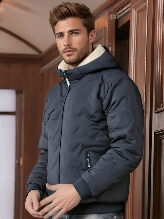 Men'S Heavy-Duty Winter Jacket - Thermal Insulated Cold Weather Coat with Full-Zip Closure, Hooded Collar, Polyester Lining - Black Outerwear for Business, Casual, Outdoor - Easy-Care Non-Stretch Fabric - Fall/Winter Jacket f