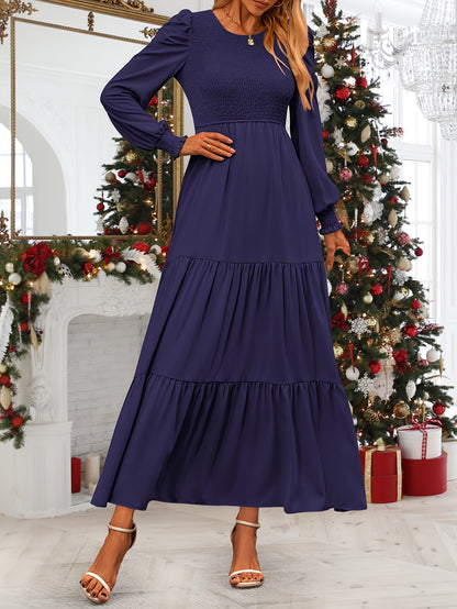 Women's Fall Wedding Guest Dress Long-sleeved Extra-long Dress Casual Crew-neck Pleated A-line Flowing Dress