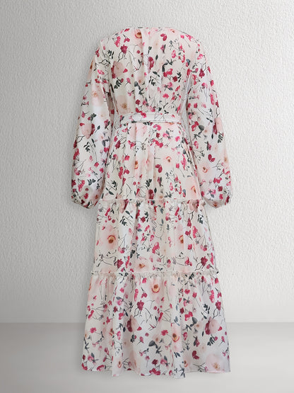 1pc Elegant Floral Print Long Dress for Women, Polyester Peplum with Belt Detail, Crew Neck, Spring/Summer Collection, Woven Fabric