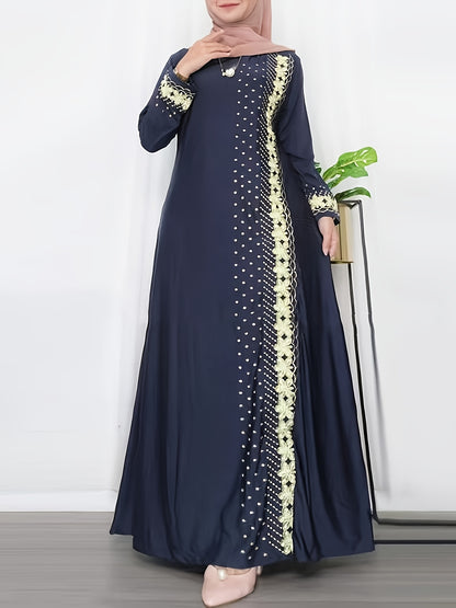 Elegant Women'S Digital Print Kaftan Dress - Navy Blue with Golden Accents, Long Sleeve, Loose Fit, Round Neck, All-Season Wear, Cultural Attire|Elegant Long Dress|Digital Print Dress
