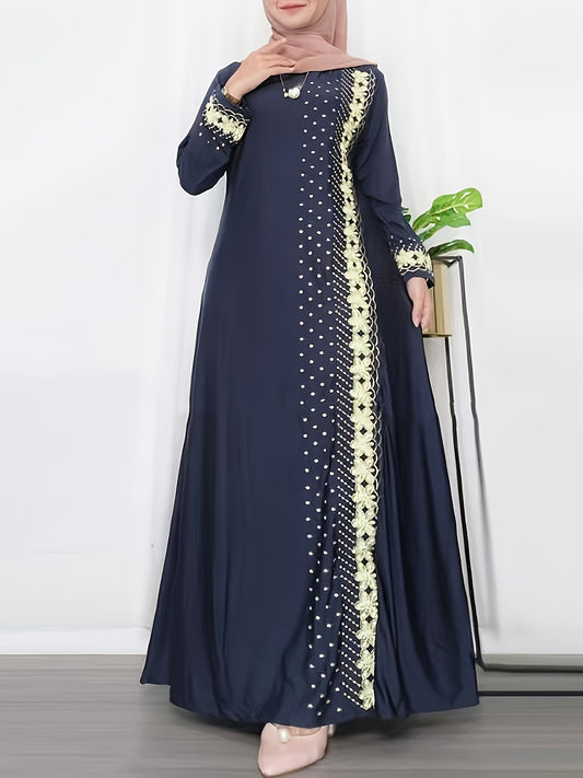 Elegant Women'S Digital Print Kaftan Dress - Navy Blue with Golden Accents, Long Sleeve, Loose Fit, Round Neck, All-Season Wear, Cultural Attire|Elegant Long Dress|Digital Print Dress