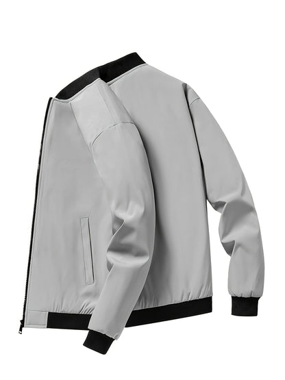 Men's Outdoor Warm Fleece-Lined Thick Casual Business Jacket with Baseball Collar, Solid Color, Machine Washable - Polyester