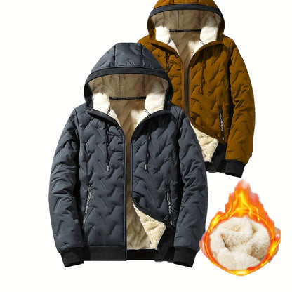 Two-Tone! 1pc Men's Autumn/Winter Thickened Hooded Jacket, Essential Winter Coat with Fleece Lining – Windproof & Warm Casual Workwear for Daily Outings, Commuting, Outdoor Activities, and Sports