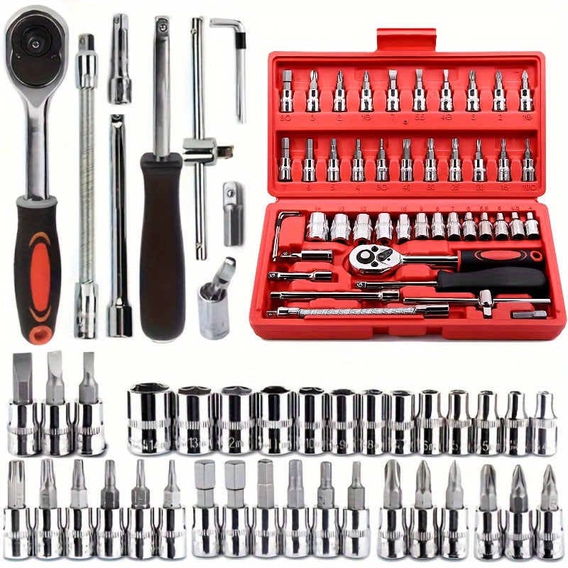46-piece automobile maintenance tool kit, 1/4 inch drive socket ratchet wrench kit, combined tool kit bicycle automobile maintenance tool.