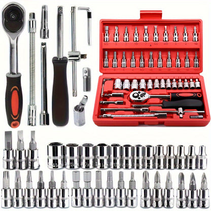 46-piece automobile maintenance tool kit, 1/4 inch drive socket ratchet wrench kit, combined tool kit bicycle automobile maintenance tool.