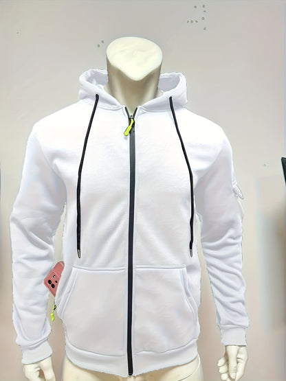 Men's Sporty Zip-Up Hoodie Jacket - Vibrant Orange with Black Zipper Accents, Polyester-Lined Comfort, Machine Washable Regular Fit for Autumn Winter Casual Outdoor Wear, Autumn Apparel
