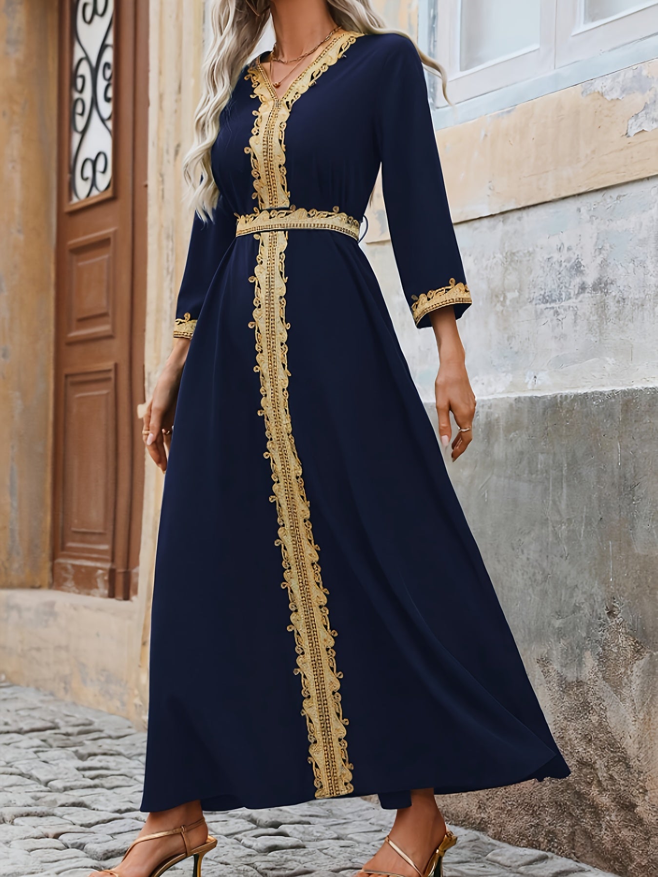 Women's Elegant Middle Eastern Maxi dress - Navy Blue Formal & casual gown with Long Sleeves, Non-Stretchy Elegant attire for Weddings, Cultural Events, Casual Attire - Machine Washable Traditional Dress, Formal Dresses, Vaca