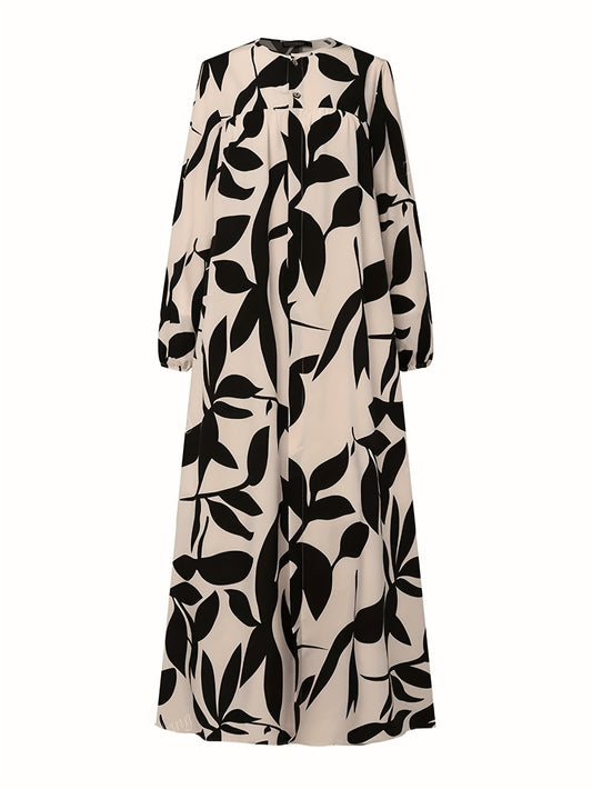 Women's Arabian-Style Plant Print Lantern Sleeve Maxi Dress - Black & Loose Fit A-Line Traditional Dress, Machine Washable All-Season Long Dress for Casual & Formal Occasions