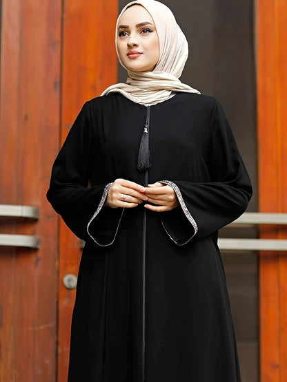 Middle Eastern Muslim Solid Color Zippered Tassel Round Neck Long Sleeve Sequined Women's Casual Abaya & No Headscarf