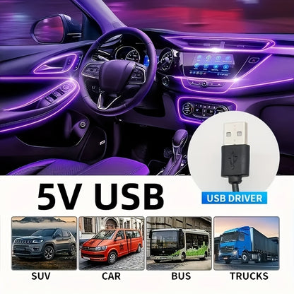 196.85inch Car Environment El Wire LED USB Flexible Neon Interior Lights Set RGB Lighting for Vehicle Decorative Accessories