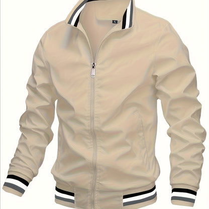 Men'S Retro Hip-Hop Baseball Jacket - Casual Sports Bomber with Stand Collar Zipper, Polyester Fabric - Perfect for Fall and Winter, Casual Weekend Wear, Casual Jacket|Hip Hop Style|Zippered Jacket
