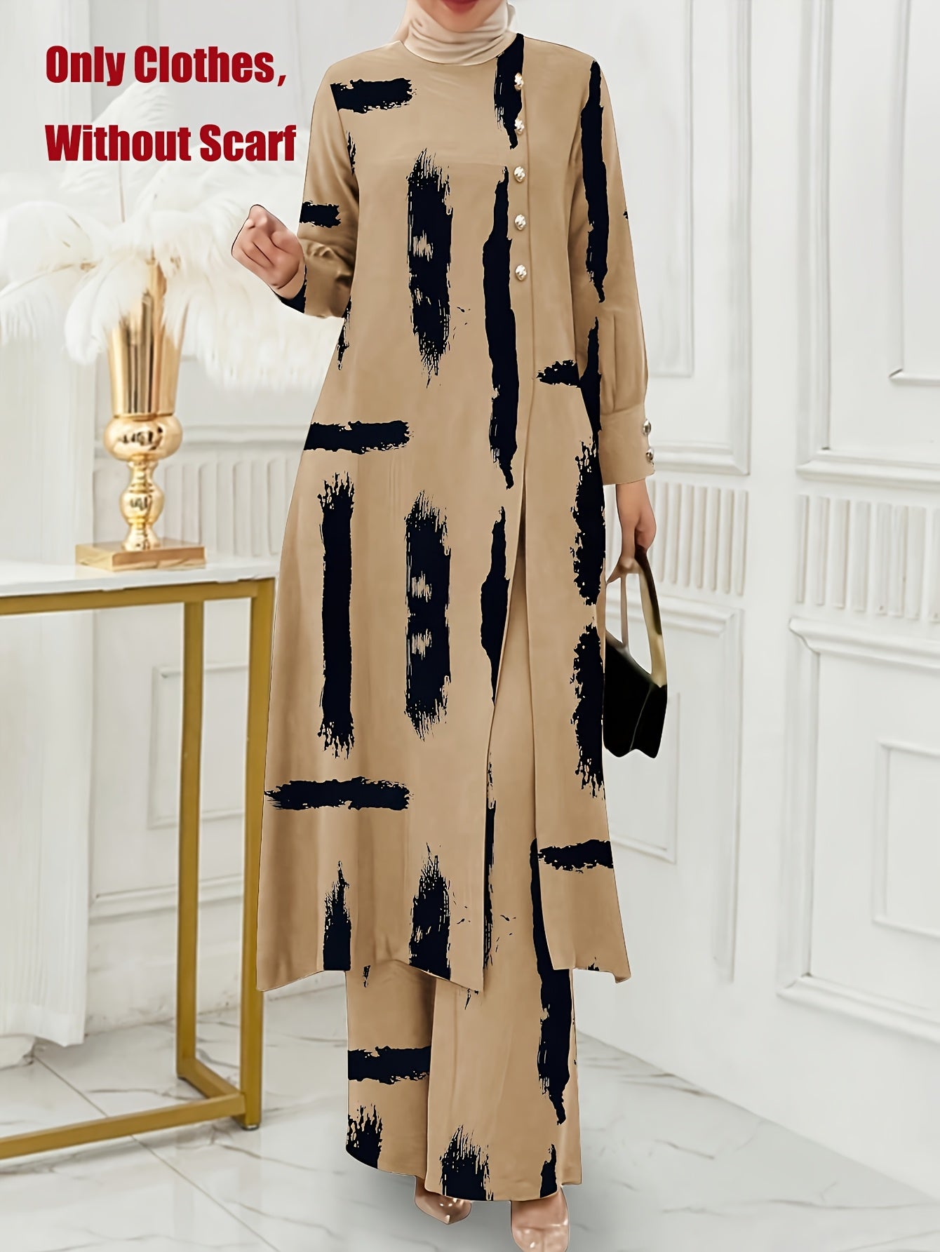 Ramadan, Women Button-Decorated Solid Color Long Sleeve Top & Pants Set, Arabic Style Clothing, Only Clothes, Without Headscarf