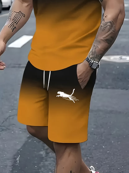 2pcs 2-Piece Gradient Summer Men's Set: Round Neck T-shirt & Elastic Waist Shorts with Pockets