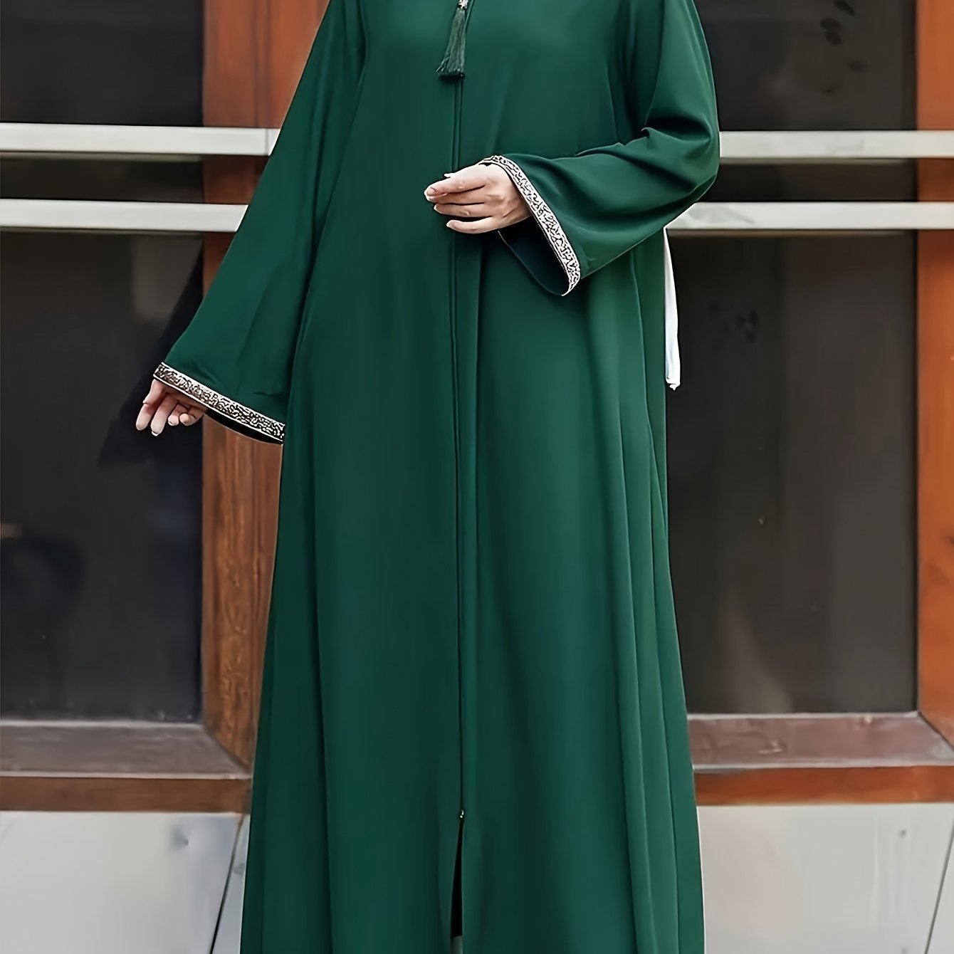 Long-sleeve zip-up kaftan dress, elegant maxi dress with contrast trim and fringe