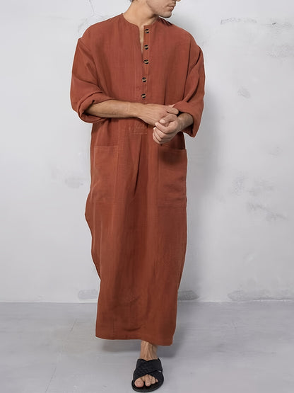 Southeast Asian Men's Loose Striped Round Neck Long Sleeve Muslim Robe Hoodie Pocket Middle Eastern Abaya