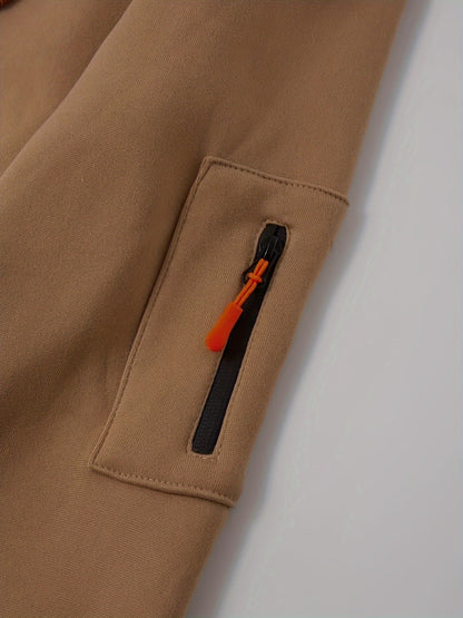 Men's Sporty Zip-Up Hoodie Jacket - Vibrant Orange with Black Zipper Accents, Polyester-Lined Comfort, Machine Washable Regular Fit for Autumn Winter Casual Outdoor Wear, Autumn Apparel