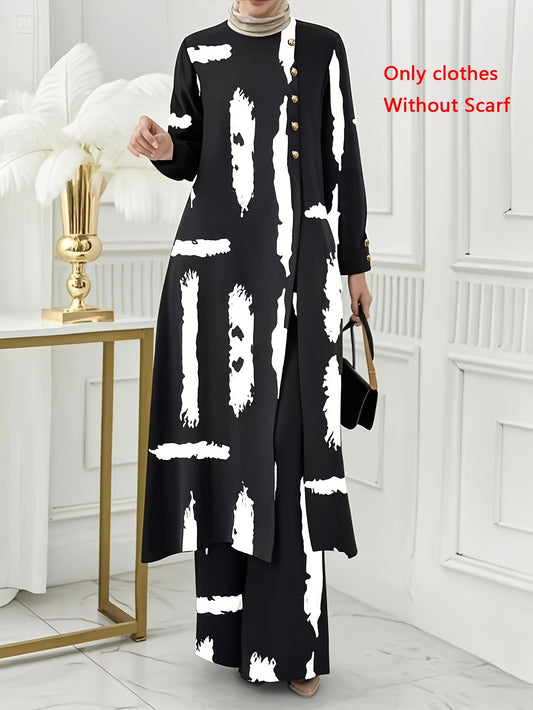 Ramadan, Women Button-Decorated Solid Color Long Sleeve Top & Pants Set, Arabic Style Clothing, Only Clothes, Without Headscarf