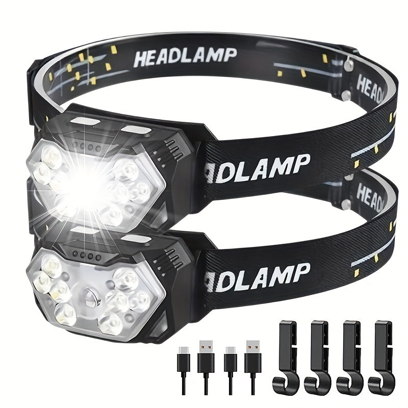 2pcs Super Bright 11000LUMEN Rechargeable Headlamp, Motion Sensor with 6 Lighting Modes for Outdoor Fishing & Camping, 9LED, White Red Light Flashlights