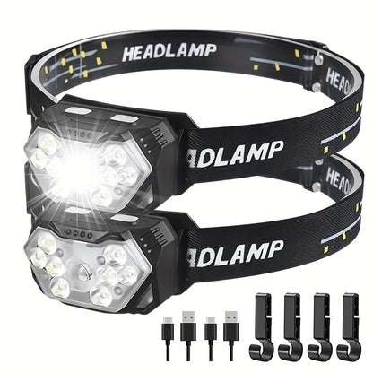 2pcs Super Bright 11000LUMEN Rechargeable Headlamp, Motion Sensor with 6 Lighting Modes for Outdoor Fishing & Camping, 9LED, White Red Light Flashlights